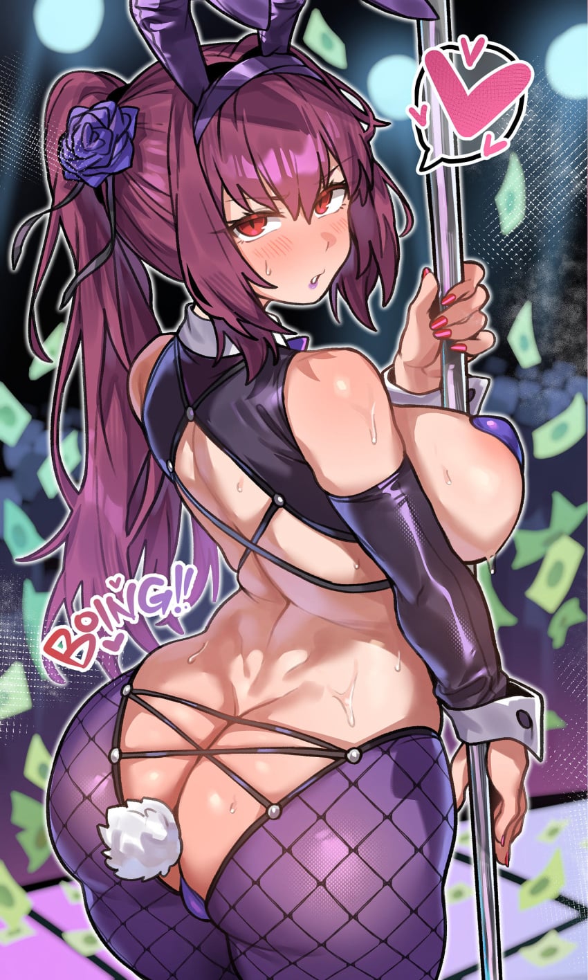 1girls absurdres animal_ears areola_slip ass ass_focus big_ass big_breasts breasts fate/grand_order fate_(series) female female_focus female_only from_behind highres huge_breasts imminent_anal implied_tail_plug juicy_butt light-skinned_female looking_at_viewer money pasties pole ponytail prone_bone purple_hair rabbit_ears radishkek red_eyes reverse_bunnysuit reverse_outfit scathach_(fate) solo straight strip_club stripper_pole sweat sweatdrop thick_ass thick_thighs