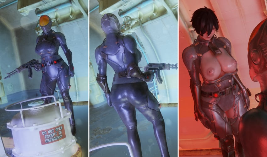 3d 3d_(artwork) bethesda_softworks bodysuit chinese_stealth_suit emotrashcan fallout female female_focus helmet human mask masked masked_female torn_bodysuit weapon