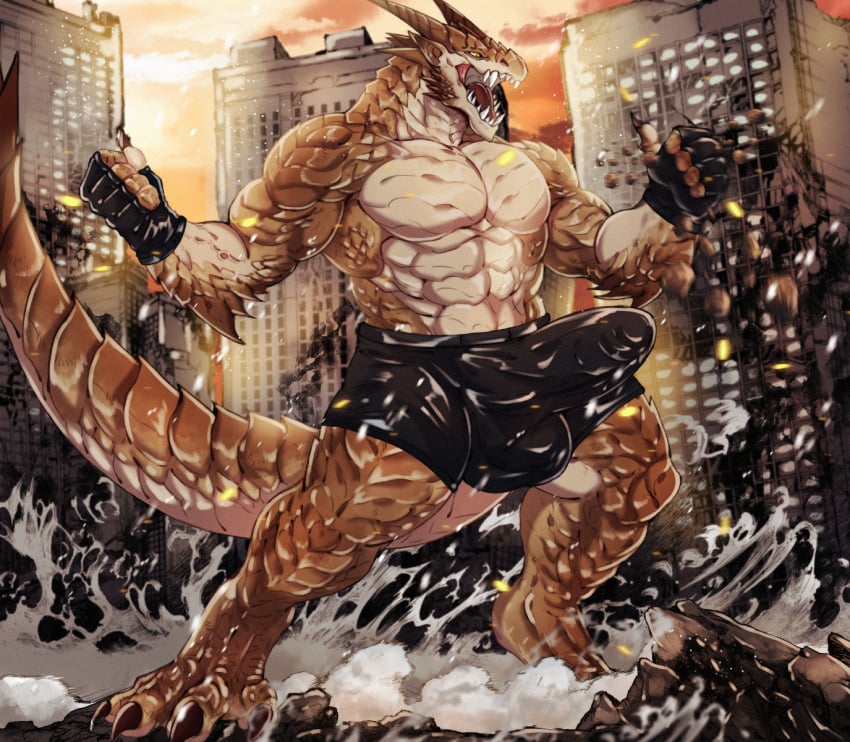 4_fingers 4_toes abs anthro balls balls_outline biceps briefs brown_body brutus_(pyronite) building building_destruction bulge city city_background city_destruction cityscape claws clothed clothing destruction detailed_bulge dragon erection erection_under_briefs feet finger_claws fingerless_gloves fingers genital_outline genitals gloves handwear hi_res landscape_dwarfing macro macro_anthro macro_male male muscular muscular_anthro muscular_male mythological_creature mythological_scalie mythology nude open_mouth outside paws pecs penis penis_outline pyronite(commissioner) rampage scalie sky solo tail teeth toe_claws toes underwear yellow_eyes zrtg