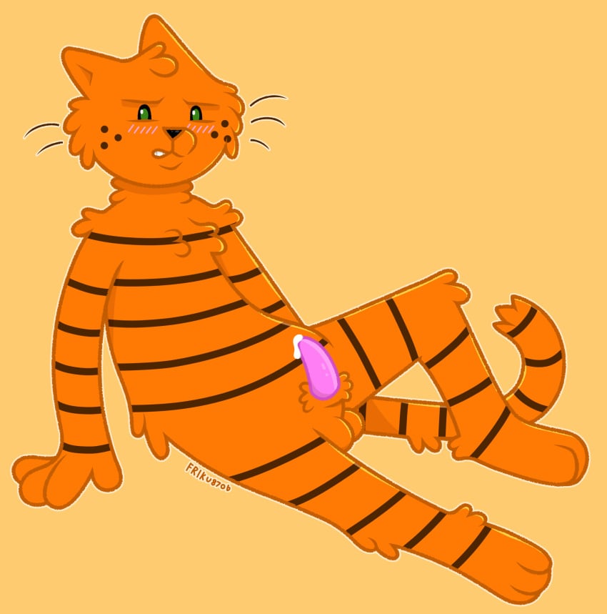 3_toes 4_fingers alleycat8706_(artist) animal_genitalia anthro arm_support arm_tuft balls bent_leg blush blush_lines bodily_fluids cheek_tuft chest_tuft dog_man_(series) domestic_cat ears_back erection facial_tuft feet felid feline felis fingers fluffy freckles fur fuzzy genital_fluids genitals green_eyes head_tuft hi_res knee_tuft leaning leaning_backward leg_tuft looking_down male mammal markings nude on_ground orange_body orange_fur penis petey_the_cat pink_penis pivoted_ears precum sheath shoulder_tuft simple_background sitting small_balls solo striped_body striped_fur striped_markings stripes tabby_cat tapering_penis teeth toes tuft whiskers yellow_background
