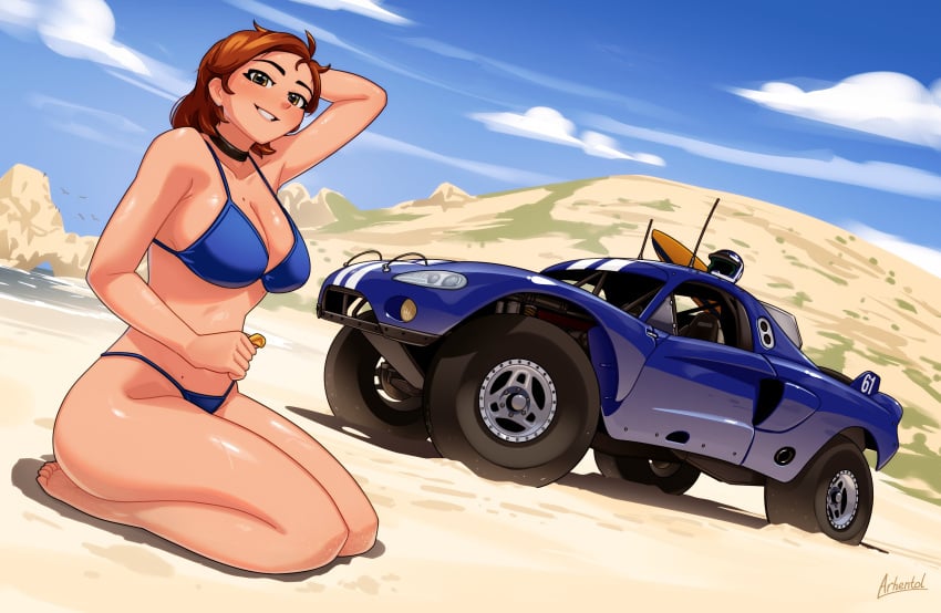 absurdres alternate_comp arhentol artist_name barefoot beach bikini black_choker blue_bikini blue_car blush breasts brown_eyes brown_hair car choker cloud collarbone dodge_(company) dodge_viper female hair_behind_ear highres hill looking_at_viewer medium_breasts mole mole_on_breast mole_on_stomach motor_vehicle original outdoors parted_lips race_vehicle racecar radio_antenna raelyn_(arhentol) rally_car seiza shadow short_hair sitting sky smile swimsuit vehicle_focus