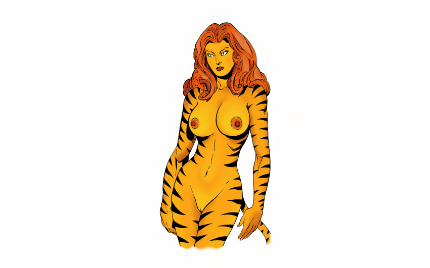 1girls avengers belly breasts female fur furry greer_nelson large_breasts long_hair marvel marvel_comics navel nipples orange_hair pussy simple_background tail tigra vagina west_coast_avengers white_background