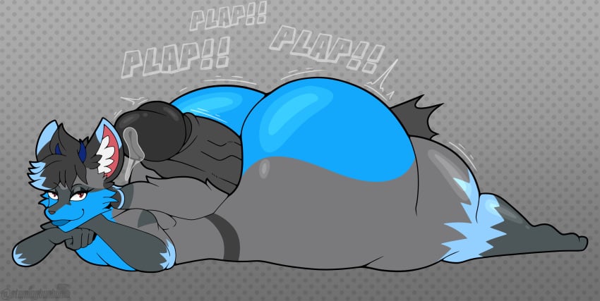 anthro ass big_butt big_penis bodily_fluids bottom_heavy canid canine disembodied_penis femboy fox genital_fluids genitals hi_res hot_dogging huge_butt huge_cock hyper imminent_sex looking_at_viewer lying male male/male mammal nude on_front penis precum sex smug solo sound_effects stemingbunbun thick_thighs unreel_(unreelfox)