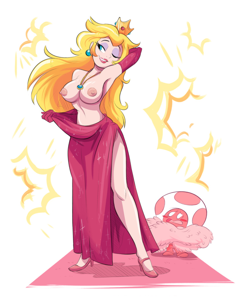 armwear blush casual clothing crown dress exposed_breasts female footwear headwear herny male mario_(series) neckwear nintendo pale_skin posing princess_peach public standing super_mario_all-stars tease toad_(mario) topless topless_female undressing