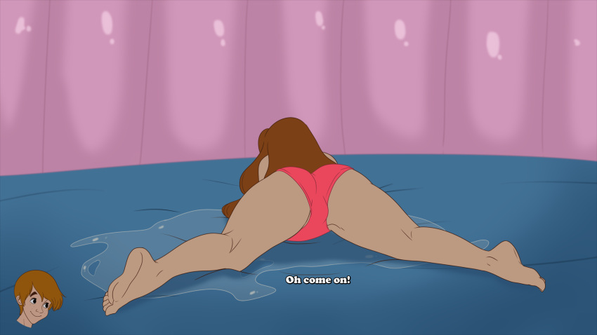 bare_legs brown_hair cartoon_style dialogue embarrassed female inusen large_ass linda_(milftoon_drama) liquid long_hair lying_on_stomach milftoon_drama pink_swimsuit spilled_liquid spreading_legs subtitled suggestive swimsuit thick_thighs western wet_floor