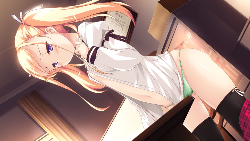 blonde_hair blush cameltoe crotch_rub dutch_angle female first_porn_of_franchise flat_chest fujiwara_warawara game_cg green_panties harukaze_sensation! highres indoors long_hair masturbation navel no_bra ogawara_kotetsu open_clothes open_shirt panties purple_eyes pussy_juice school_uniform shirt skirt skirt_down solo table table_humping thighhighs tied_hair twintails underwear