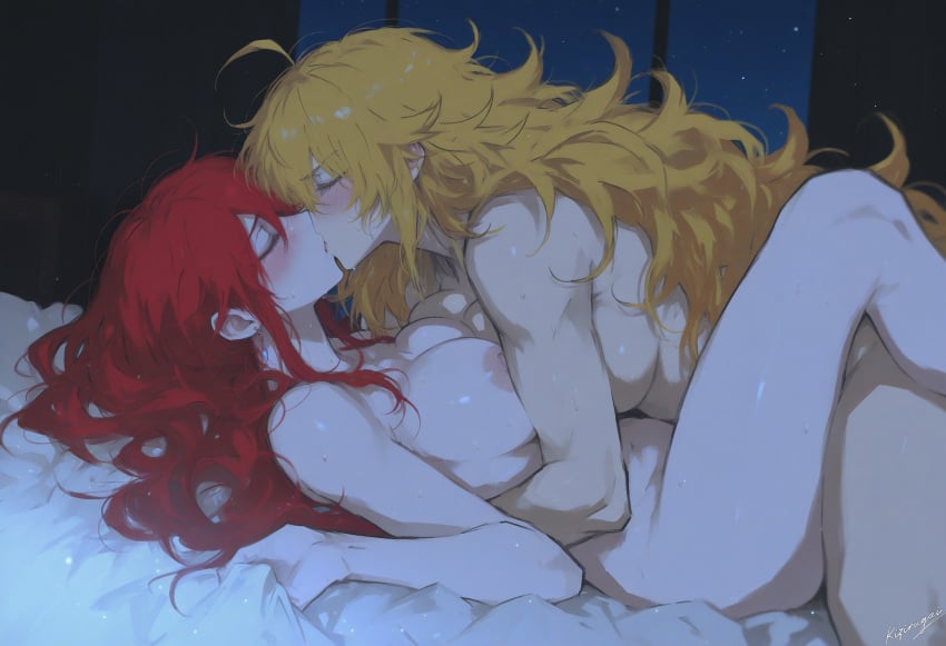2girls ai_generated blonde_hair blush female kissing kizirugai lesbian_kiss lesbian_sex on_bed pyrrha_nikos rwby tagme yang_xiao_long yuri