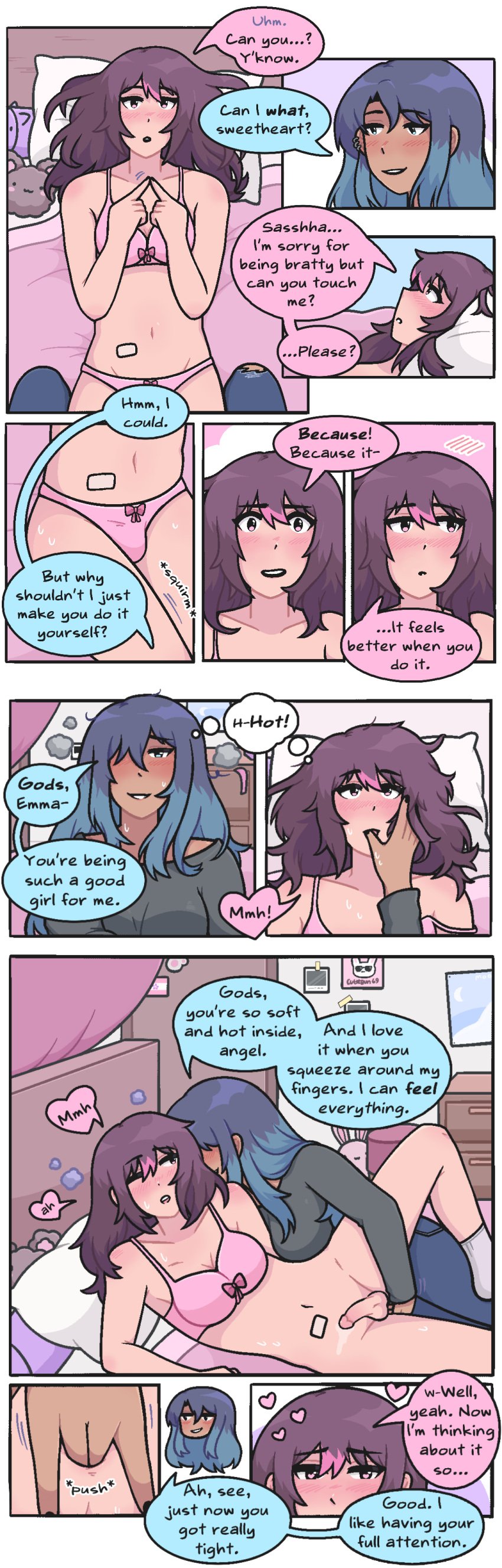 anal_fingering aroused before_sex begging blue_eyes blue_hair blush bottomless brat bulge bulge_in_panties dark-skinned_female dominant_female ear_piercing emma_(welcome_to_heaven) female femdom femsub finger_in_mouth fingering fingering_ass fingers_in_ass fingertips_touching fully_clothed heart heart-shaped_pupils hearts_around_head impatient light-skinned_female loose_bra lying_on_back lying_on_bed messy_hair moaning panty_bulge patch pink_bra pink_eyes pink_hair pink_highlights pink_panties plushie precum repost sapphic_pride_colors sasha_(welcome_to_heaven) shy soft_drop squirming stuffed_animal submissive_female sweat sweating trans_woman trans_woman_(lore) transfem transgender_woman transparent_background turned_on welcome_to_heaven