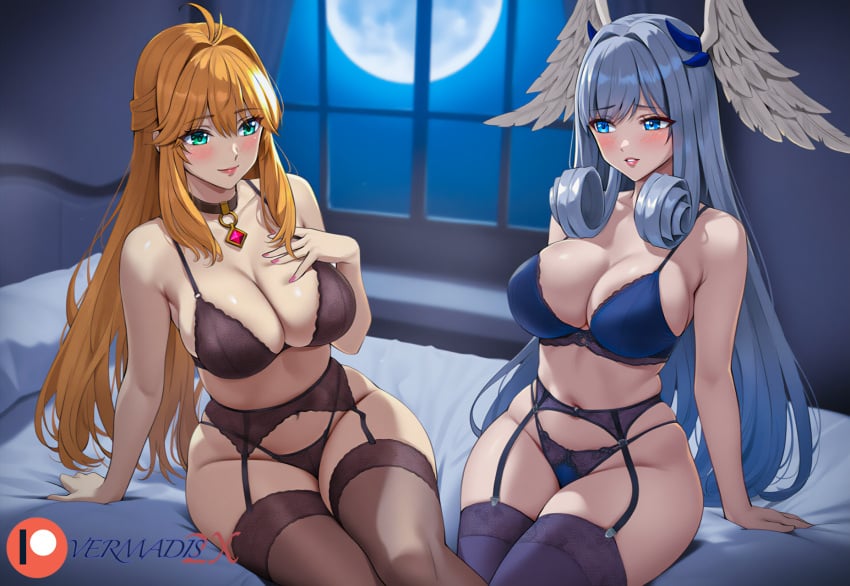 2girls ai_generated bed bedroom big_breasts blonde_female blonde_hair blonde_hair_female blue_eyes blush blushing choker curvy curvy_female curvy_figure female female_only fiora_(xenoblade) garter_belt garter_straps green_eyes hand_on_breast head_wings laced_bra laced_panties lingerie looking_at_another melia_antiqua monolith_soft moon moonlight necklace night night_sky nintendo novelai on_bed pink_lips silver_hair sitting thick_hips thick_thighs vermadis2x very_long_hair voluptuous voluptuous_female wide_hips xenoblade_(series) xenoblade_chronicles_3