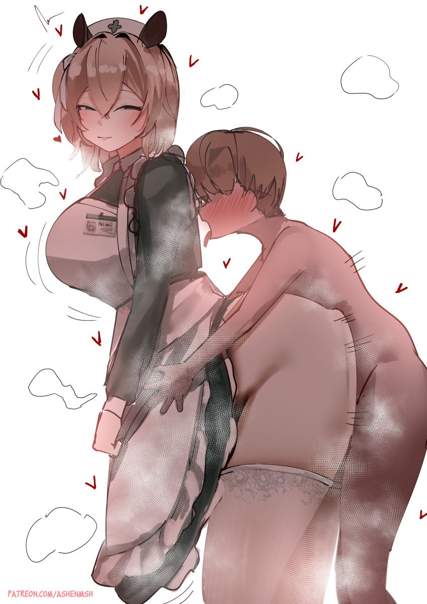 1boy 1girls animal_ears arched_back ashenmash big_breasts blonde_hair blush dress female green_eyes hair_between_eyes half-closed_eyes hands_around_waist heart highres hips hung indie_virtual_youtuber kemonomimi larger_female leaning_forward legwear light-skinned_female light_skin looking_at_viewer male narrowed_eyes nimi_nightmare no_panties nurse_headwear partially_clothed short_hair smaller_male smile smirk standing standing_sex steaming_body stockings tagme taken_from_behind thick_thighs thighs uniform virtual_youtuber white_legwear white_stockings