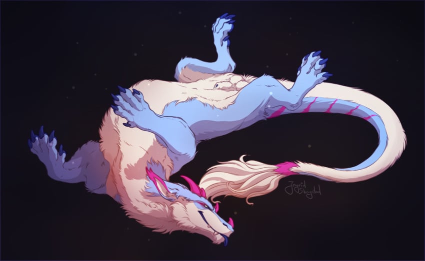 2024 animal_genitalia arm_tuft ball_tuft balls belly belly_up black_background blue_body cheek_tuft complex_shading digital_drawing_(artwork) digital_media_(artwork) dragon elbow_tuft eye_contact facial_tuft feral fluffy fluffy_balls fluffy_sheath full-length_portrait fully_sheathed fur furred_dragon furred_scalie genitals hi_res ingridskogstad looking_at_another lying male male_only multicolored_body multicolored_fur mythological_creature mythological_scalie mythology narrowed_eyes neck_tuft okifur on_back paint_tool_sai_(artwork) portrait rolling scalie sheath simple_background smile smiling_at_viewer solo solo_focus tongue tongue_out tuft wingless_dragon