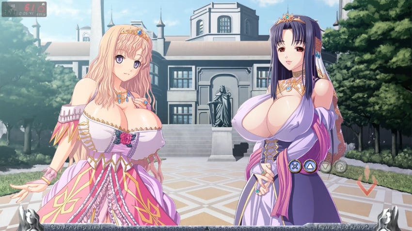 2girls bedroom_eyes blue_dress breasts castle castle_background cleavage cleavage_dress closed_mouth closed_mouth_smile clothed_female covered_erect_nipples dark_blue_hair dress enormous_breasts female female_only flower game_cg gigantic_breasts happy happy_eyes happy_face huge_breasts hyper_breasts joy kyonyuu_fantasy kyonyuu_fantasy_gaiden lewd lewd_female luceria_von_diamante married_female massive_breasts mature_female nipples_visible_through_clothing nymph open_eyes pervert pervert_female pervert_queen pink_dress platinum_blonde_hair queen rokusaanu_do_dejiiru rose_(flower) roxanne_de_desir shout smile smile_face smiley_face smiling smiling_eyes stairs stonework tiara tree