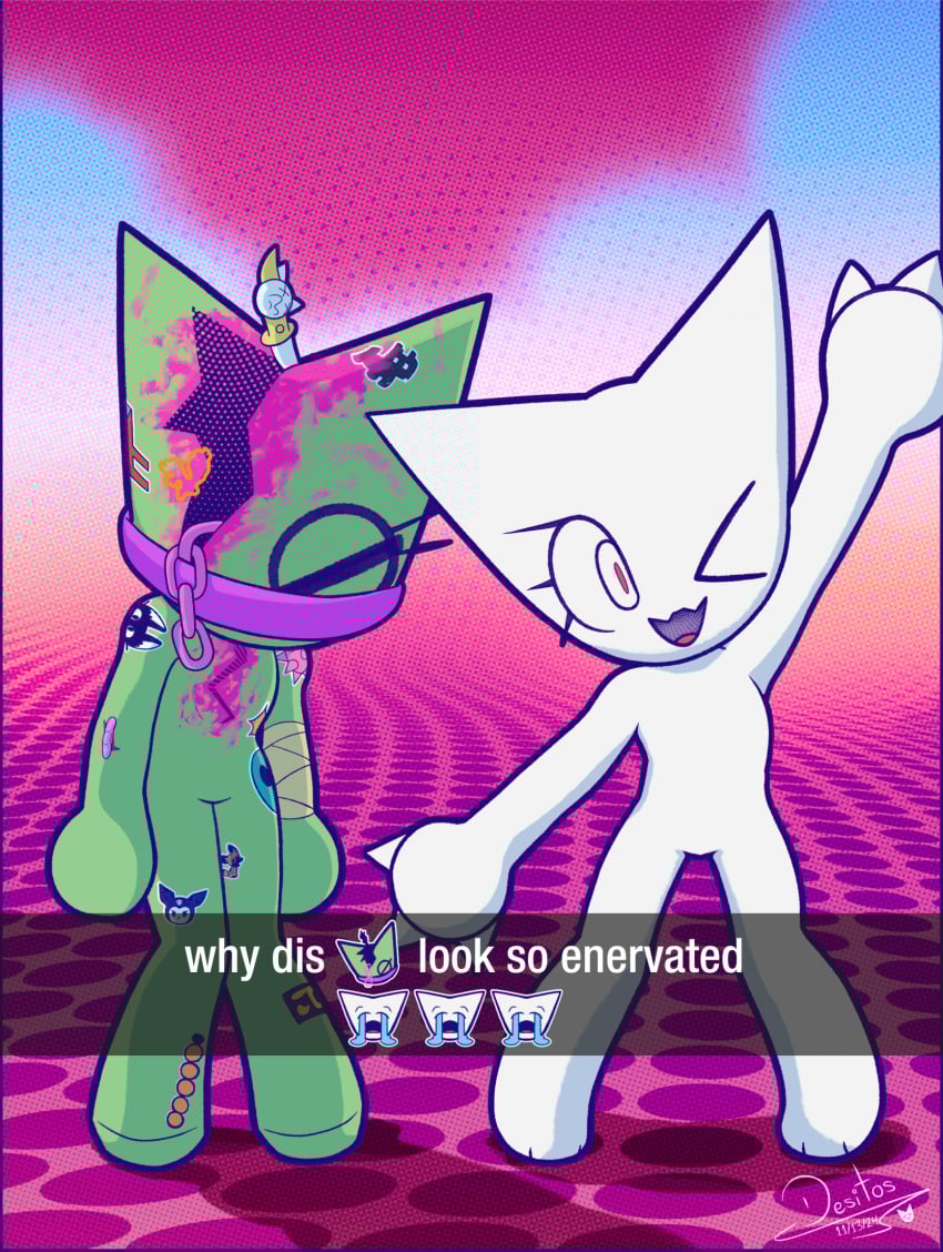 2024 ambiguous_gender animal_humanoid anthro bandage bandaged_arm blood bodily_fluids cat_humanoid censored chain_in_head chains colored_blood desitos duo emoji emoji_censorship felid felid_humanoid feline feline_humanoid femtanyl fur gore hi_res humanoid knife knife_in_head kuromi mammal mammal_humanoid onegai_my_melody open_mouth open_skull pink_blood pink_eyes sanrio signature smile standing token_(femtanyl) tongue unusual_blood unusual_bodily_fluids weapon white_body white_fur wounded