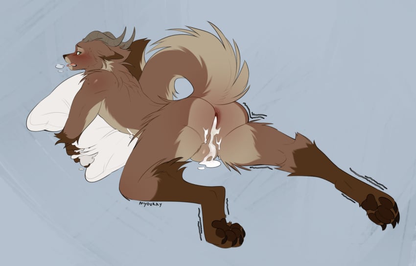 antelope anthro anus blush bodily_fluids bovid brown_body brown_fur canid canine canis cum cum_in_ass cum_inside digitigrade fur gaping gaping_anus genital_fluids hi_res horn hybrid impala leg_markings male mammal markings myoukky pillow raised_tail shaking socks_(marking) solo tail torn_pillow trembling wolf