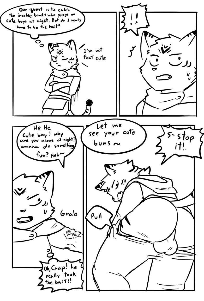 ambiguous_gender anthro arm_grab ass assisted_exposure backsack balls comic dialogue domestic_cat duo english_text felid feline felis forced genitals hi_res invisible leaning_against_wall male male/ambiguous mammal monochrome northwoooof pantsing public sexual_harassment text thought_bubble toby_(northwoooof)