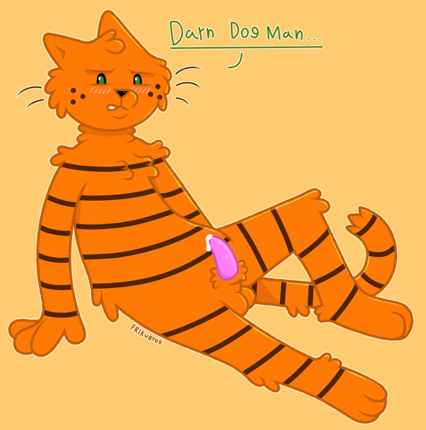 3_toes 4_fingers alleycat8706_(artist) animal_genitalia anthro arm_support arm_tuft balls bent_leg blush blush_lines bodily_fluids cheek_tuft chest_tuft dialogue dog_man_(series) dogman_(series) domestic_cat ears_back erection facial_tuft feet felid feline felis fingers fluffy freckles fur fuzzy genital_fluids genitals green_eyes head_tuft hi_res knee_tuft leaning leaning_backward leg_tuft looking_down male mammal markings nude on_ground orange_body orange_fur penis petey_the_cat pink_penis pivoted_ears precum sheath shoulder_tuft simple_background sitting small_balls solo striped_body striped_fur striped_markings stripes tabby_cat tapering_penis teeth text toes tuft whiskers yellow_background