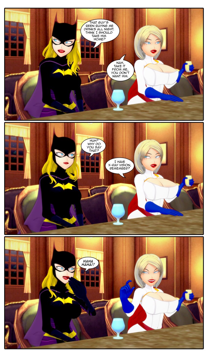 2girls 3d batgirl big_breasts blonde_female blonde_hair blonde_hair_female clothed comic dc_comics dialogue english_text female humor misunderstoodsecrets power_girl small_penis_humiliation speech_bubble superhero text x-ray_vision
