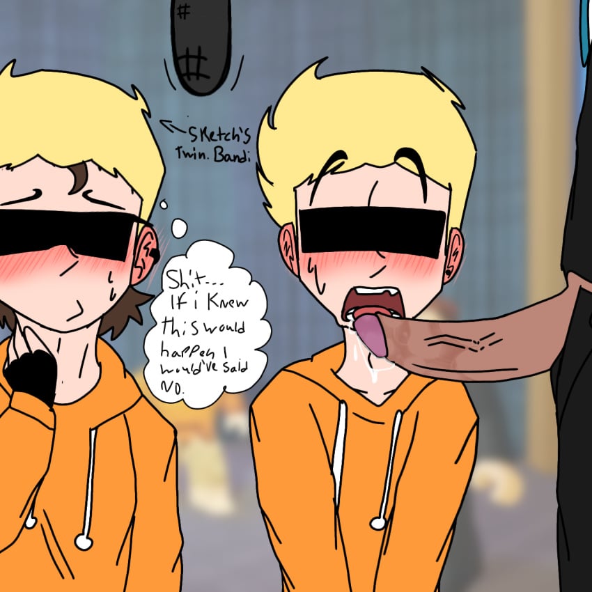 background bandirue bar_censor blonde_hair blue_tie blush blushing_at_another blushing_male censor_bar dark-skinned_male dark_penis denis_dayily ear_piercing erection eyebrows face_closeup fingerless_gloves game_show gay gloves hairless_penis hard_on horny jewelry leaking_precum light_skin light_skin_male looking_at_penis looking_at_viewer nervous nude open_mouth orange_sweater rubbing_neck shocked shocked_expression sketch sketch_the_youtuber skinny tongue toony_face tuxedo twins wet yaoi