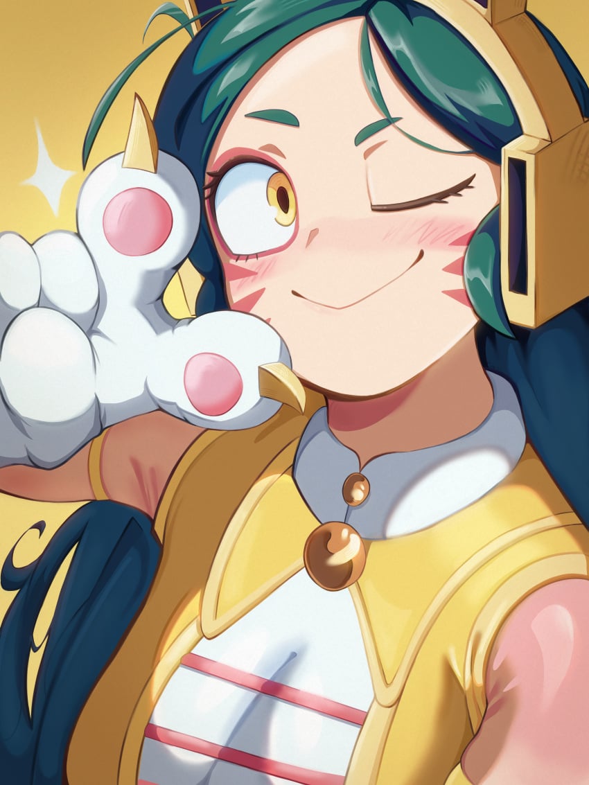 cat_ears catgirl cute green_hair ishoo my_hero_academia ragdoll_(my_hero_academia) tomoko_shiretoko yellow_eyes