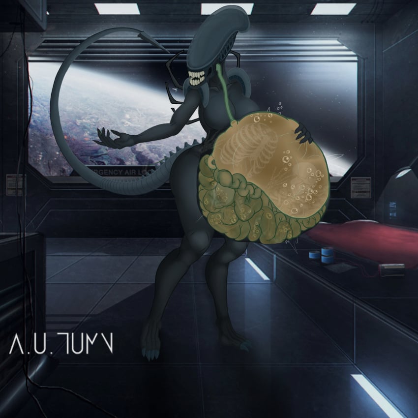 a.u.tumn alien alien_(franchise) anthro belly big_belly bodily_fluids bone breasts digestion digestion_noises female female_xenomorph guts hi_res intestines monster monster_girl_(genre) organs rumbling_stomach science_fiction solo stomach stomach_acid stomach_bulge teeth thick_thighs vore x-ray_view xenomorph