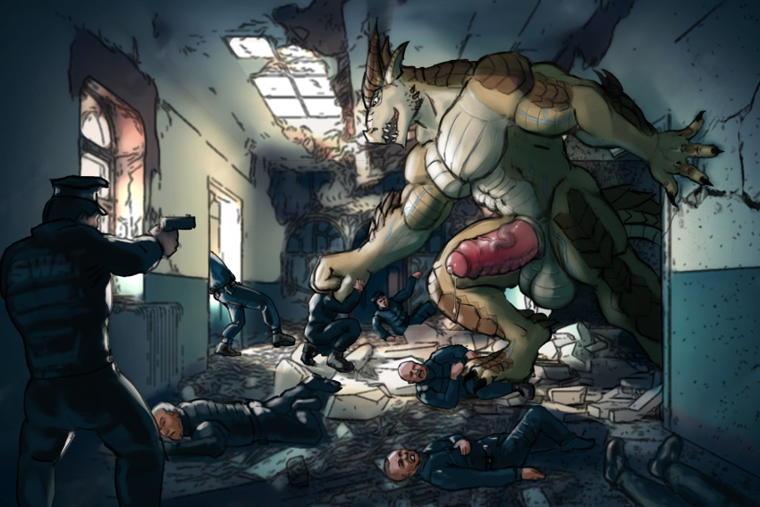 3:2 4_fingers abs anthro attack balls biceps biped bodily_fluids brown_body brutus_(pyronite) claws crush destruction dragon dripping erection feet finger_claws fingers genital_fluids genitals gonk_(artist) group hallway hi_res humanoid_genitalia humanoid_penis inside macro macro_anthro macro_male male mini_macro muscular muscular_anthro muscular_male mythological_creature mythological_scalie mythology nude open_mouth paws pecs penile penis police police_officer police_station precum precum_drip pyronite(commissioner) rampage scalie size_difference smile solo stomping tail teeth toe_claws toes vein veiny_muscles veiny_penis yellow_eyes