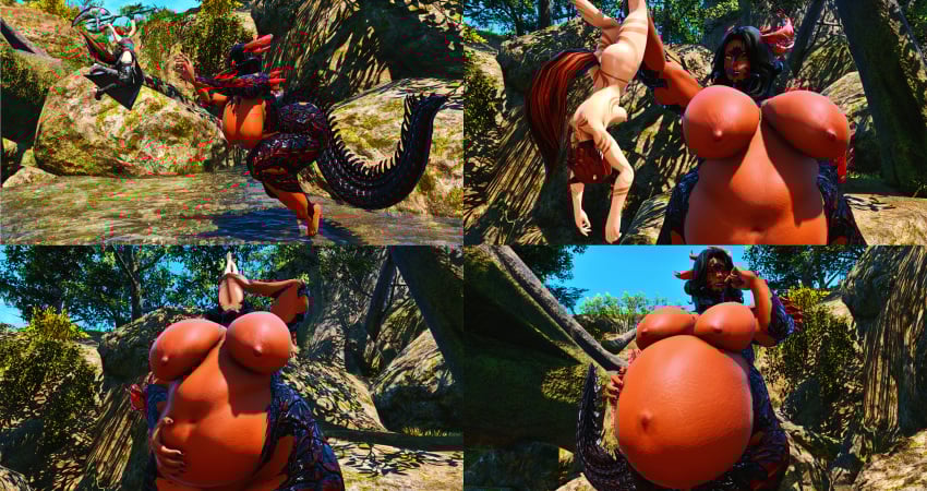 2girls 3d au_ra belly belly_button big_belly big_breasts big_thighs dark-skinned_female female female_only ffxiv final_fantasy_xiv gpose(ffxiv) grabbed hand_on_belly hanging_upside_down head_first_vore horns imminent_vore instant_loss legs licking_lips matrons_elf miqo&#039;te scales short_hair swallowed_whole swallowing tail thighs voluptuous_female vore vore_belly vore_comic