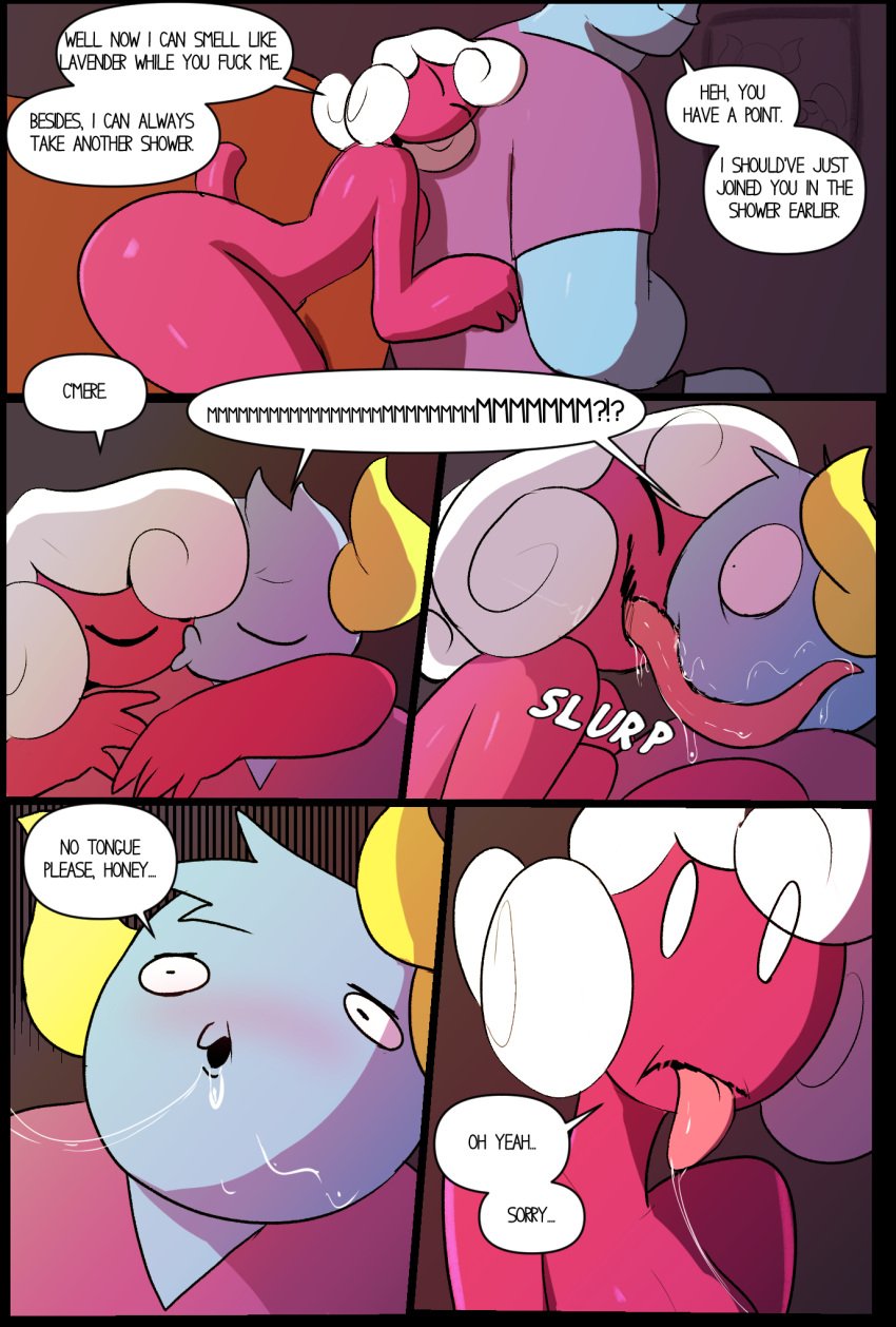 anthro ass big_butt blue_body bodily_fluids breasts claudia_(peculiart) clothing comic devilchild dialogue duo english_text faceless_(species) female gus_(peculiart) hair hi_res horn huge_butt humor husband_and_wife kissing long_tongue male male/female married_couple monster nude peculiart red_body saliva tail text tongue white_hair