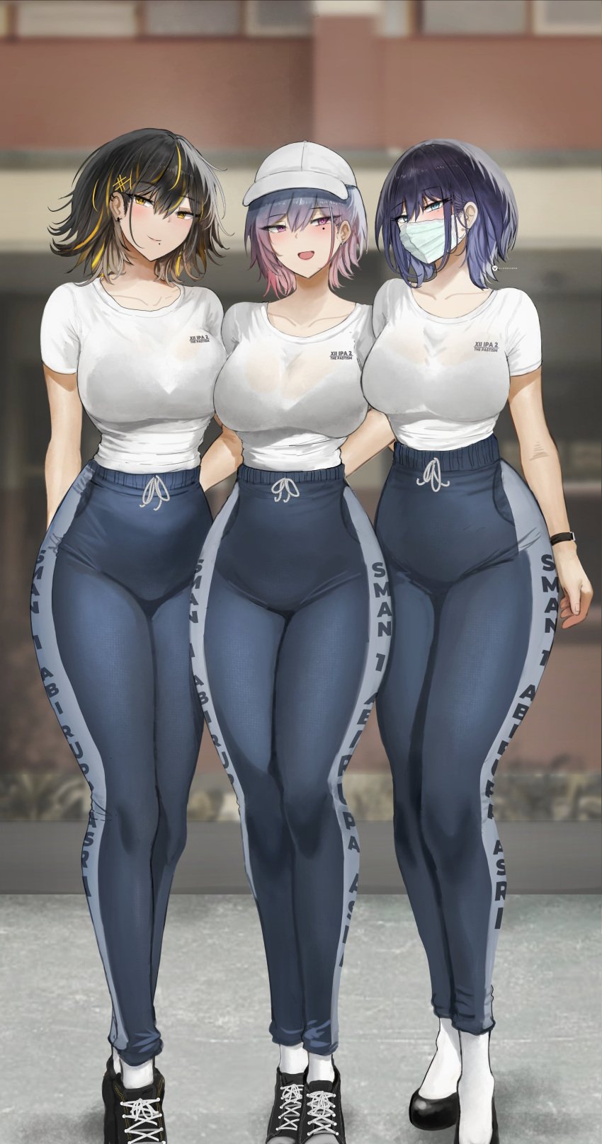 2d 2d_(artwork) 3girls beauty_mark blue_pants febri_aryani_(vloodozer) female gym_clothing gym_shirt gym_uniform hips hips_wider_than_shoulders huge_ass huge_breasts indonesia indonesian indonesian_gym_uniform indonesian_high_school_uniform indonesian_school_uniform light-skinned_female light_skin see-through see-through_clothing skin_tight vloodozer voluptuous voluptuous_female white_shirt