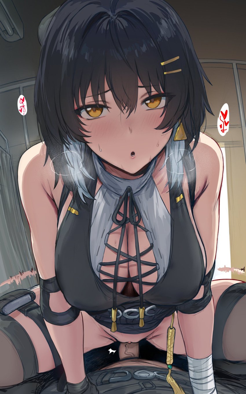 1boy 1girls blush cowgirl_position female female_on_top female_rover_(wuthering_waves) hews_hack highres indoors male male_pov male_rover_(wuthering_waves) motion_lines open_mouth pov rover_(wuthering_waves) selfcest sex short_hair steam straight sweat thighhighs uncensored vaginal_penetration wuthering_waves
