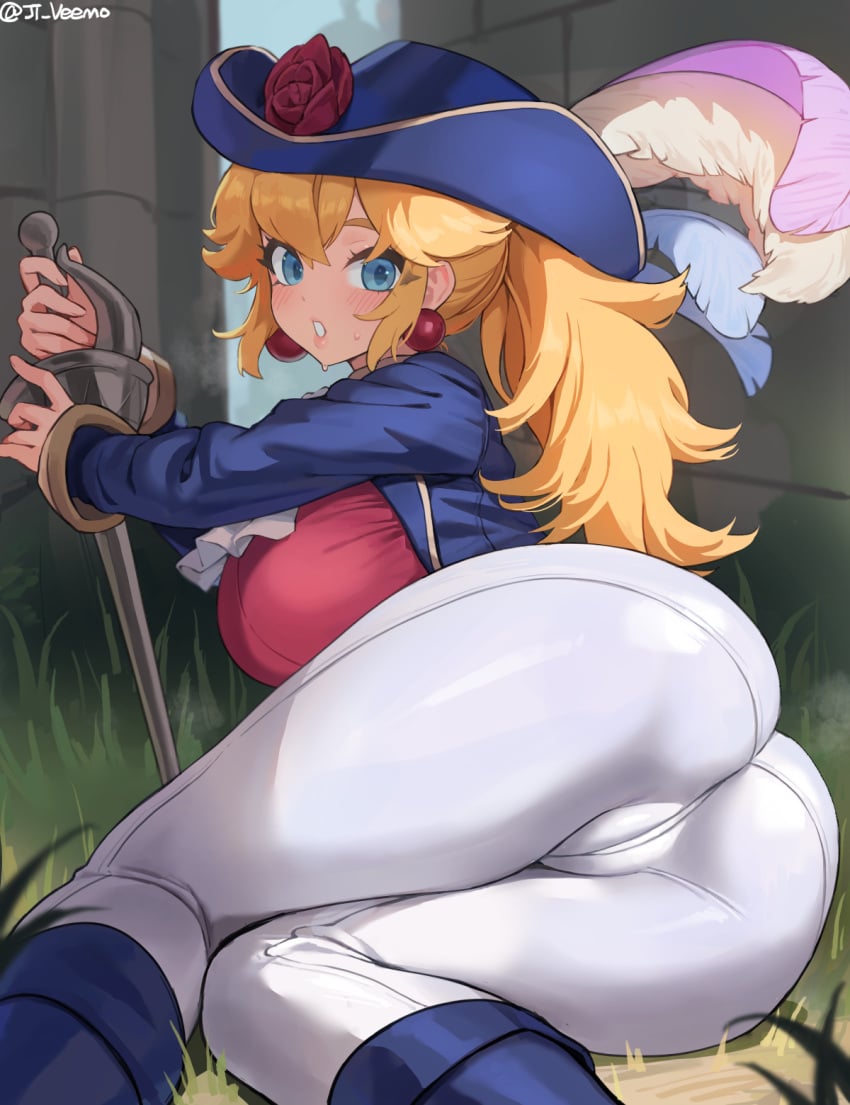 1girls ass blonde_hair blue_eyes breasts female jtveemo large_ass large_breasts light-skinned_female light_skin long_hair mario_(series) naughty_face nintendo princess_peach princess_peach:_showtime! swordfighter_peach thick_thighs