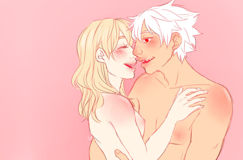 1boy 1boy1girl 1girls arms_around_partner artist_name barely_visible_nipples blonde_hair blush breasts closed_eyes color completely_nude gradient_background hand_on_another's_shoulder laugh lighting long_hair looking_at_partner maka_albarn nipples nsfweis pink_background red_eyes romantic romantic_couple sharp_teeth small_breasts smile soul_eater soul_eater_evans standing straight toned toned_male watermark white_hair wholesome