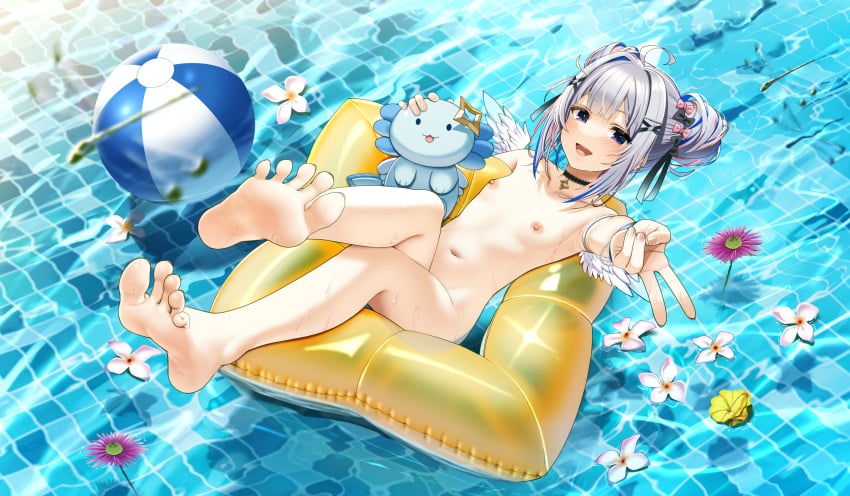 amane_kanata blue_hair blush casino_(casinoep) feet floaty hololive hololive_japan naked peace_sign purple_eyes silver_hair small_breasts smiling_at_viewer soles swimming_pool toes virtual_youtuber water wings