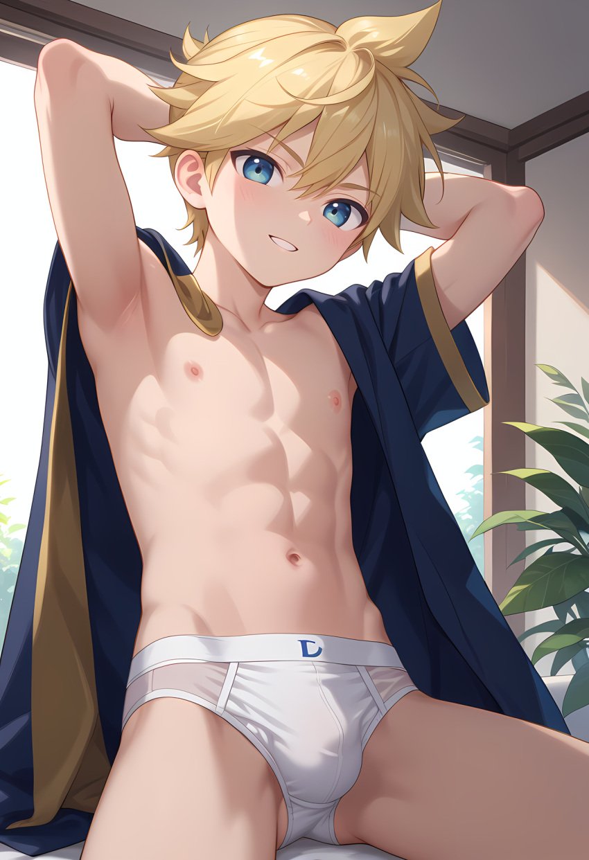 1boy abs ai_generated armpits arms_behind_head artist_request blonde_hair blue_eyes blush briefs bulge chest confident half_naked jacket kagamine_len looking_at_viewer looking_down_at_viewer nipples posing pretty_boy smile solo_male tagme thighs twink underwear vocaloid white_briefs white_underwear