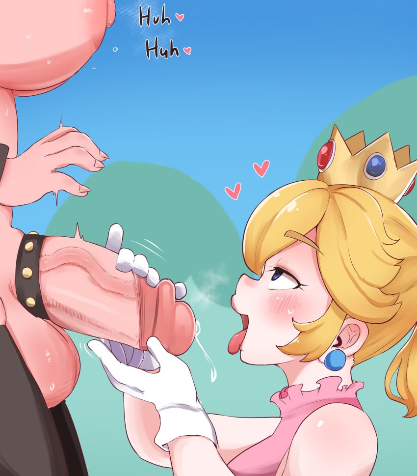 1girl1futa 2girls before_oral big_balls big_breasts big_penis blonde_hair bowsette cock_ring crown edit edited futa_on_female futanari gloves handjob heart long_nails mario_(series) nintendo open_mouth precum princess_peach shocked side_view super_mario_bros. sweat tongue_out uncensored veiny_penis zkky