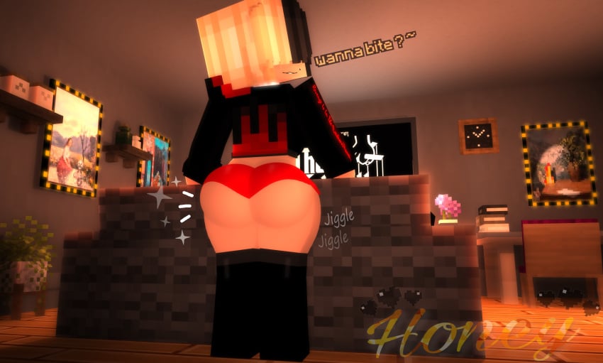 3d ass_focus black_and_blonde_hair female honey_(theactualhoney) looking_at_viewer mine-imator minecraft theactualhoney