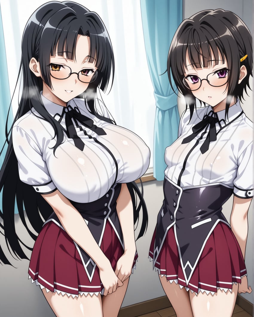 2girls ai_generated bangs big_breasts black_hair blush breasts brown_eyes collared_shirt corset covered_nipples curtains glasses hairclip hands_behind_back heavy_breathing high_school_dxd indoors large_breasts long_hair looking_at_viewer notreallyhere parted_bangs pleated_skirt ribbon school_uniform shinra_tsubaki shirt short_hair small_breasts smile sona_sitri student student_council_president v_arms violet_eyes