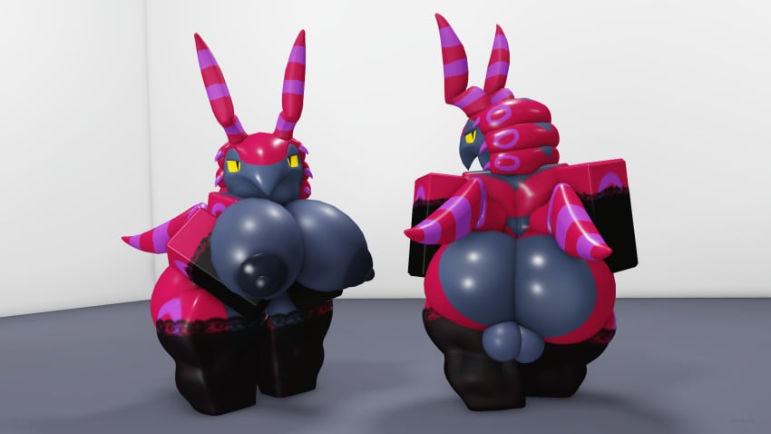 3d 3d_(artwork) antennae_(anatomy) anthro areola arthropod ass balls big_breasts big_butt black_areola black_nipples breasts clothing dark_areola digital_media_(artwork) duo female generation_5_pokemon genitals grey_body hi_res lace legwear looking_at_viewer male markings multicolored_body nintendo nipples pokemon pokemon_(species) presenting presenting_breasts presenting_hindquarters red_body roblox robloxian scolipede simple_background widescreen willie_piv yellow_eyes