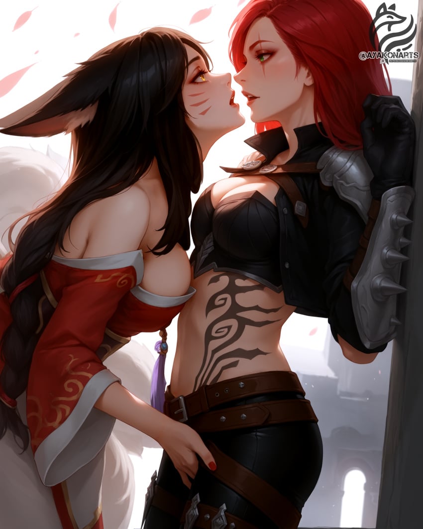 ahri ai_generated almost_kissing ayakonarts hand_on_pussy katarina_du_couteau kissing league_of_legends red_hair riot_games scar yuri