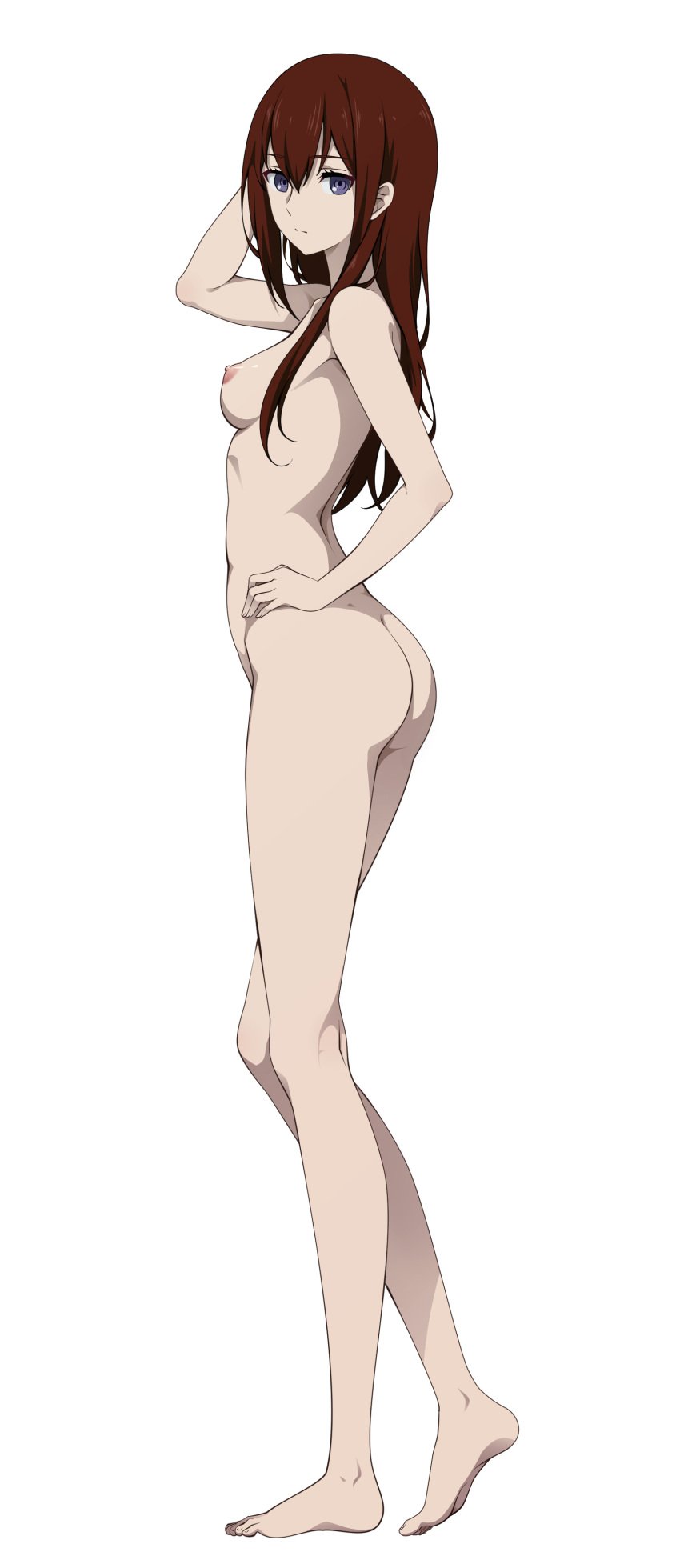 absurdres ass back barefoot big_breasts breasts completely_nude female female_focus female_only hand_on_head highres large_breasts long_hair looking_at_viewer makise_kurisu nanikairu nipples nude pasya-pasya purple_eyes red_hair shy simple_background steins;gate straight_hair white_background