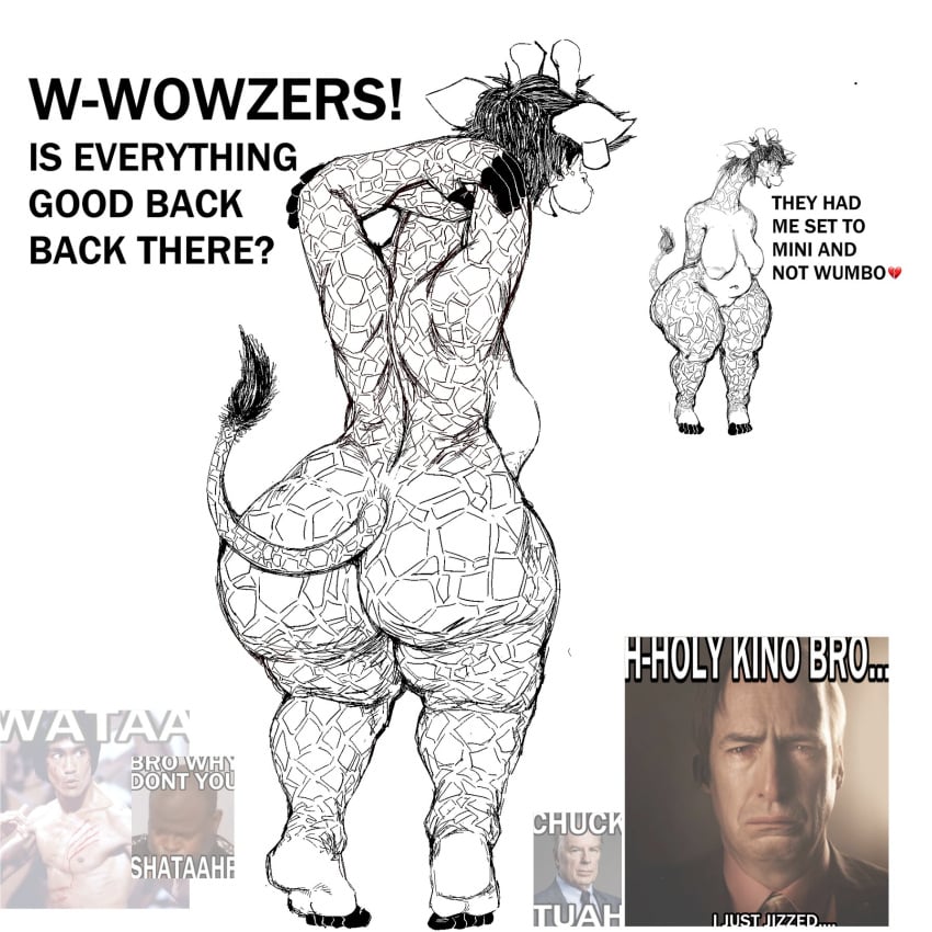 1:1 anthro ass big_breasts big_butt breaking_bad breasts bruce_lee chuck_mcgill ear_piercing ear_ring english_text female general_proton giraffe giraffid hi_res hooves huge_butt long_ears mammal meme navel nude nude_female photo piercing ring_piercing saul_goodman solo tail text wide_hips