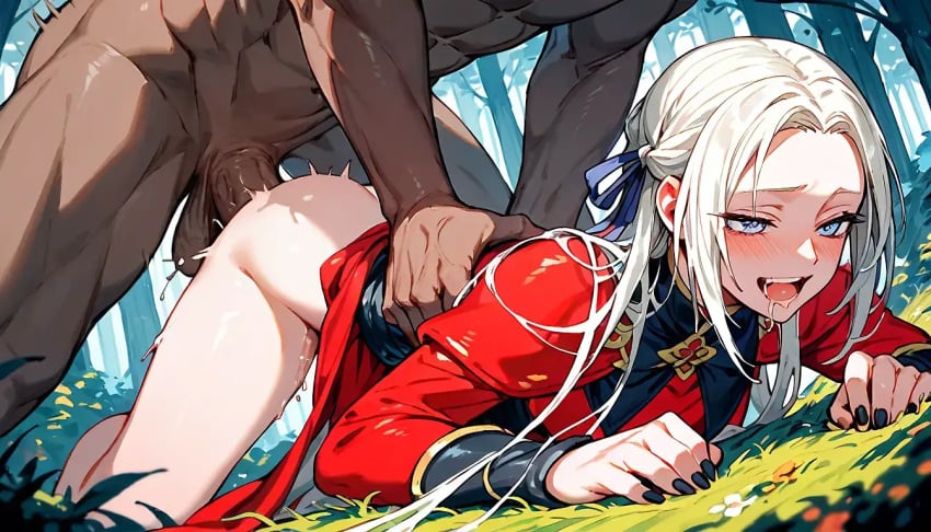 1girls ai_generated bedroom_eyes black_dick black_male black_nails black_penis blush blush doggy_style edelgard_von_hresvelg female fire_emblem fire_emblem:_three_houses forest hands_on_hips pleased pleased_expression pounding pounding_pussy