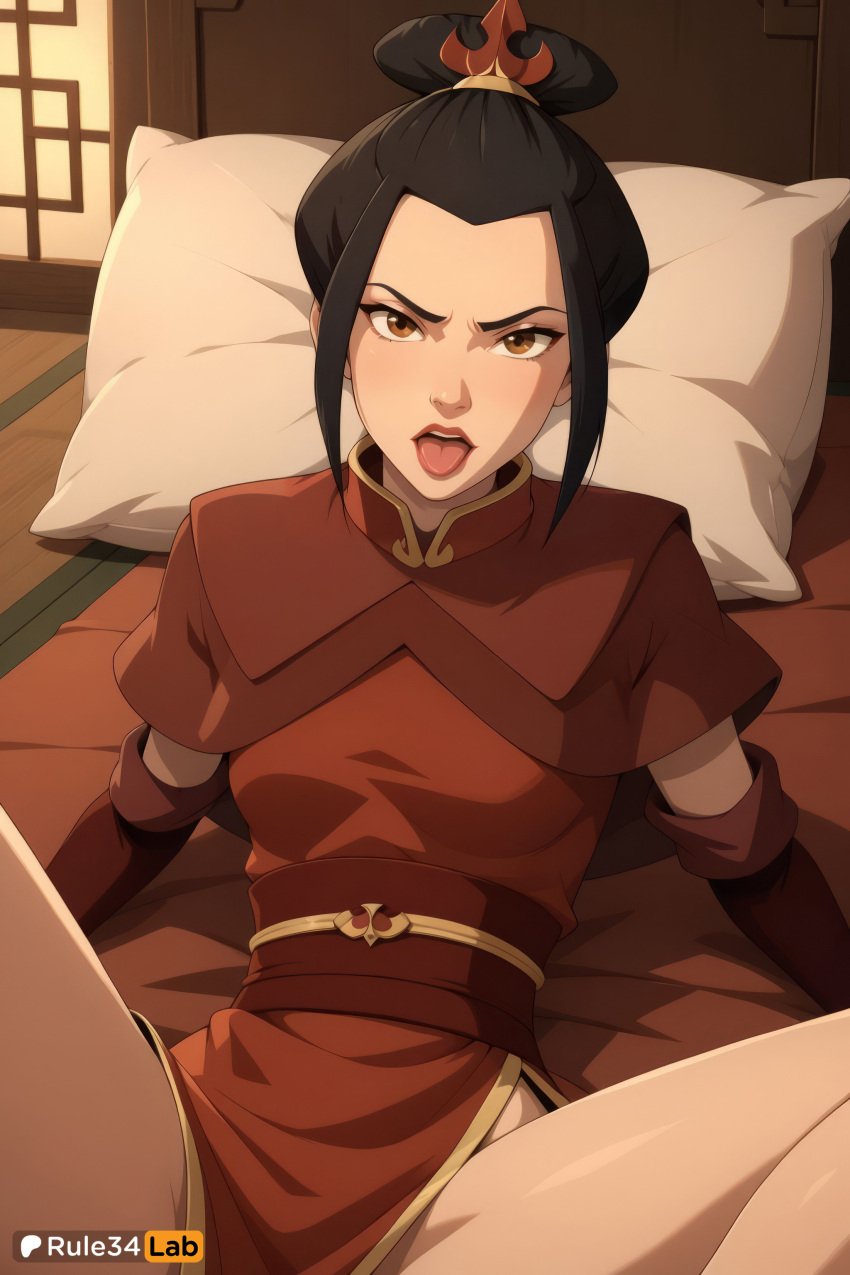 1girls ai_generated artist_name avatar_legends avatar_the_last_airbender azula black_hair breasts brown_eyes chinese_clothes dress elbow_gloves gloves hi_res indoors looking_at_viewer lying nickelodeon nicktoons on_back open_mouth pillow rule34lab short_hair solo spread_legs tongue tongue_out