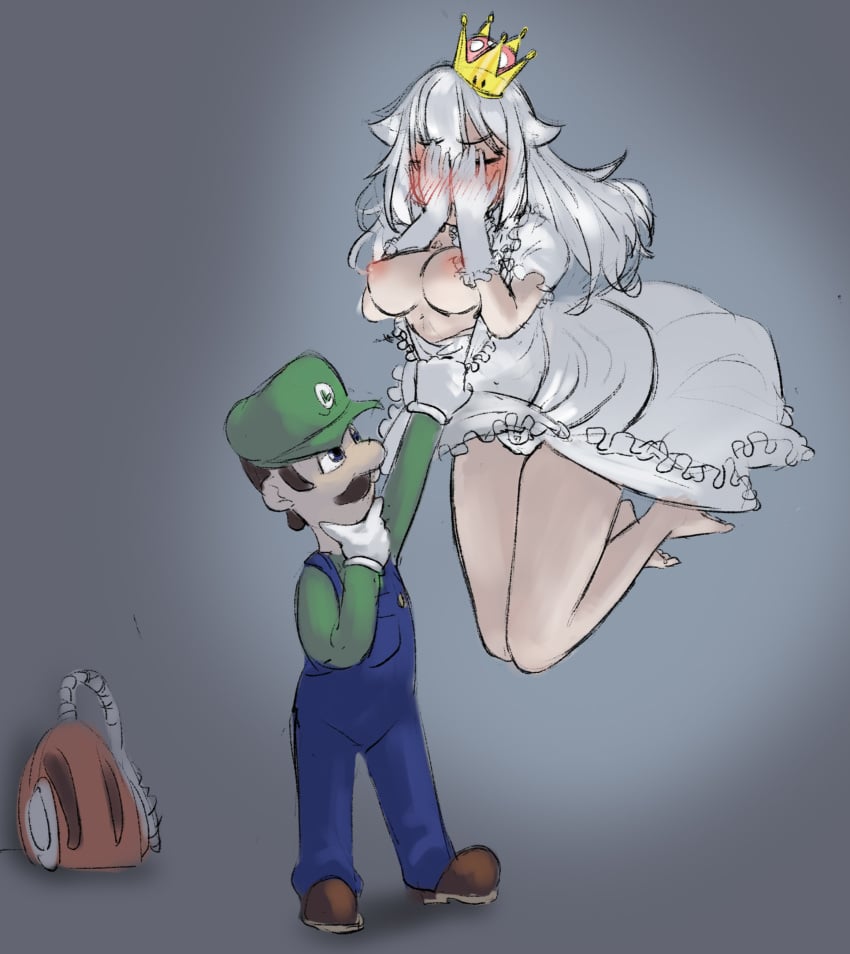 1boy 1girls blue_overalls blush boosette breasts breasts_out brown_hair clothing covering_eyes crown dress duo facial_hair female floating ghost ghost_girl gijun gloves green_hat green_shirt humanoid luigi luigi's_mansion male mario_(series) moustache nintendo nipples panties pulling_down_dress straight vacuum voluptuous voluptuous_female white_dress white_gloves white_hair