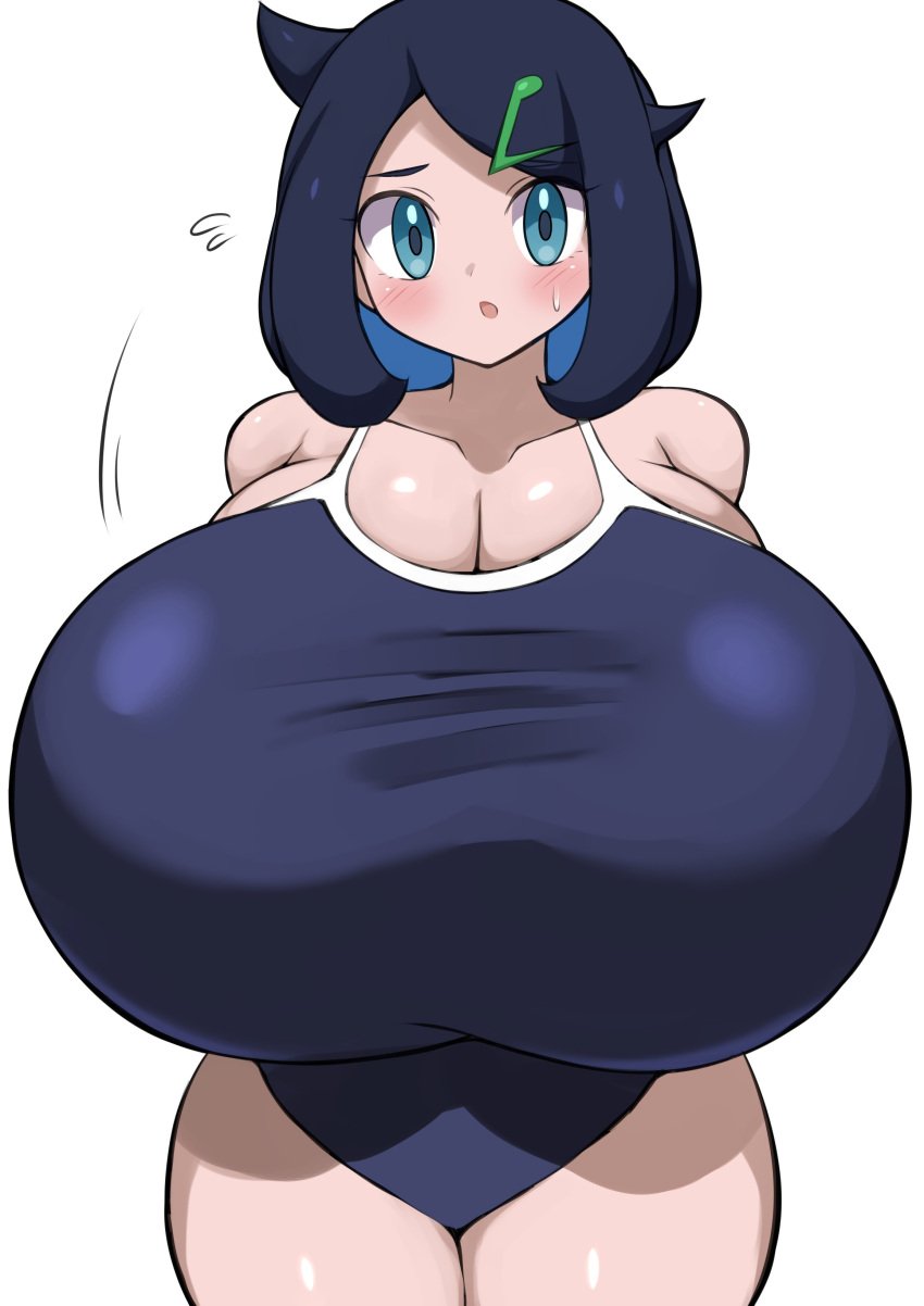 1girls big_breasts blue_eyes cleavage collarbone female gigantic_breasts huge_breasts image jaga334 large_breasts liko_(pokemon) massive_breasts motion_lines nintendo pokemon pokemon_(anime) pokemon_horizons sideboob simple_background solo thick_thighs underboob white_background