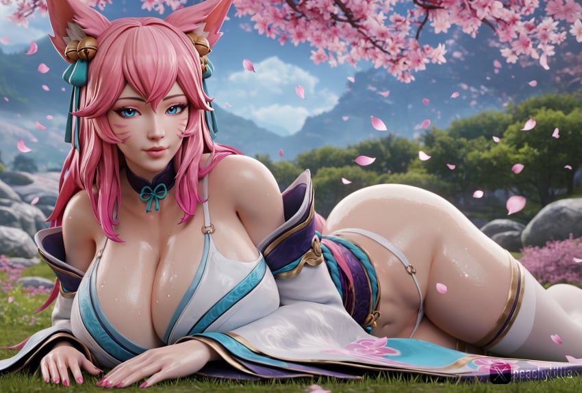 ahri big_ass blue_eyes breasts_bigger_than_head huge_breasts league_of_legends lying pink_hair riot_games socks soft_breasts spirit_blossom_ahri spirit_blossom_series sweat sweaty_body white_panties