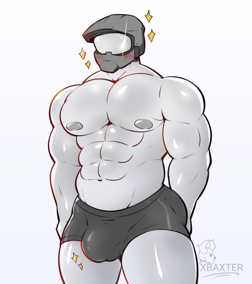 1boy baxter7020 blush bulge bulge_through_clothing gay greyscale half-dressed halo_(series) helmet male male_focus male_only master_chief monochrome muscles nipples pecs solo solo_male star star_(symbol) stars thighs underwear video_games white_background