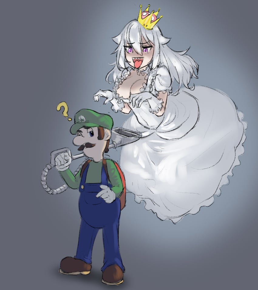 1boy 1girls ? blue_overalls boosette breasts brown_hair cleavage clothing crown dress duo facial_hair female floating ghost ghost_girl gijun green_hat green_shirt humanoid luigi luigi's_mansion male mario_(series) moustache nintendo open_mouth purple_eyes straight tongue tongue_out voluptuous voluptuous_female white_dress white_gloves white_hair