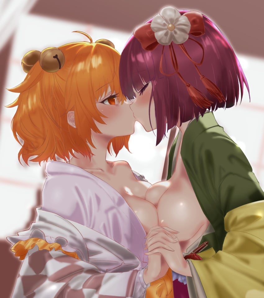 2girls ahoge asymmetrical_docking bell blurry blurry_background blush breast_press breasts closed_eyes collarbone hair_bell hair_ornament hieda_no_akyuu highres holding_hands interlocked_fingers japanese_clothes kimono kissing looking_at_another medium_breasts motoori_kosuzu multiple_girls open_clothes open_kimono orange_hair profile purple_hair short_hair soara_shimomo touhou upper_body yuri