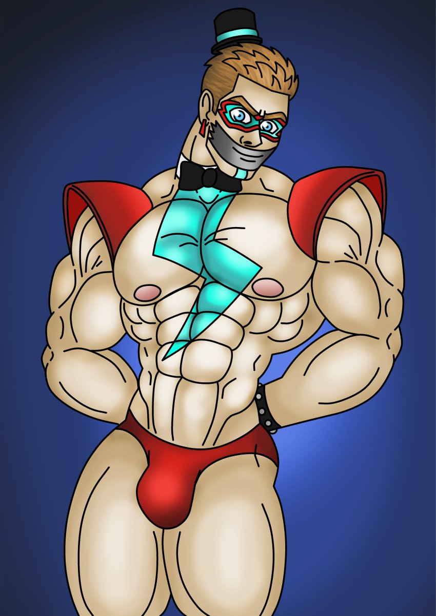 angry bara barazoku bondage bound bowtie bulge collar duct_tape duct_tape_gag ear_ring five_nights_at_freddy's:_security_breach fnaf glamrock_freddy_(fnaf) human lightning_bolt_symbol makeup male male_only muscular muscular_male pecs red_underwear struggling tattoo_on_chest top_hat wristband