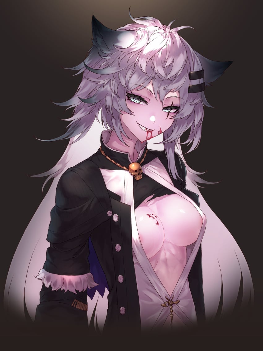 1girls 2024 animal_ears areola_slip arknights black_jacket blood blood_in_mouth blood_on_breasts blood_on_face blue_eyes breasts cropped_torso evil_grin evil_smile grin hi_res jacket jewelry lappland_(arknights) long_hair looking_at_viewer medium_breasts necklace no_bra official_alternate_costume open_clothes open_jacket partially_unbuttoned scar scar_across_eye sharp_teeth shirt sicsic49 simple_background skull_necklace smile solo teeth torn_clothes torn_shirt white_hair white_shirt wolf_ears wolf_girl